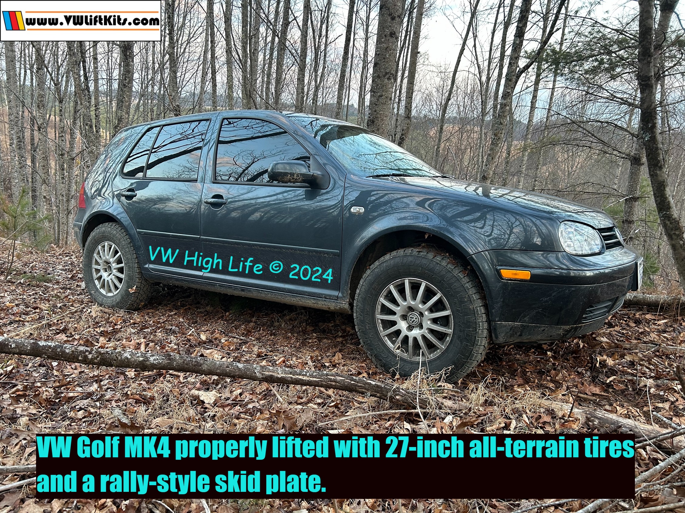 Chris properly lifted his MK4 Golf to make room for some 27-inch all-terrain tires.